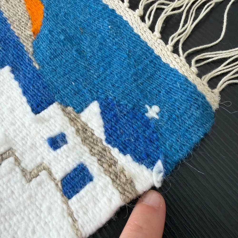 Santorini‎ mini Tapestry 6.5x5.5 Blue Mediterranean folk art Handwoven Wool Art